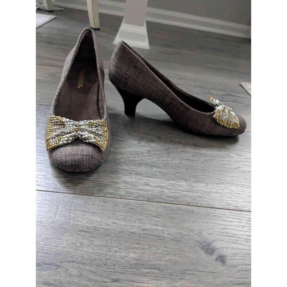 Aerosoles Pumps Womens 8M Sunwise Heel Brown Tweed Metal Bow Shoes Dark Academia